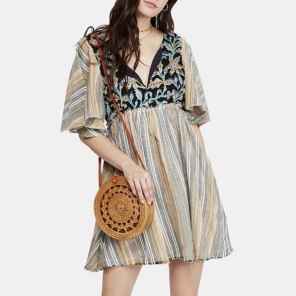 Free People Under the Sun Tunic Mini Dress Flutter Sleeve Tie Back V-Neck Boho L